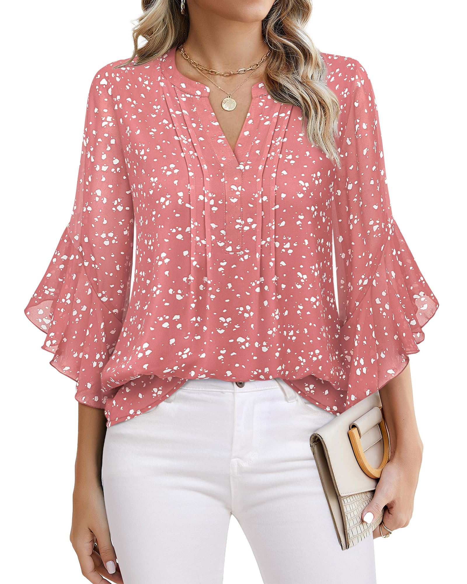 Beautiful Blouses For Ladies - Women's 3/4 Sleeve Chiffon Blouse Dressy Business Casual Work Shirt