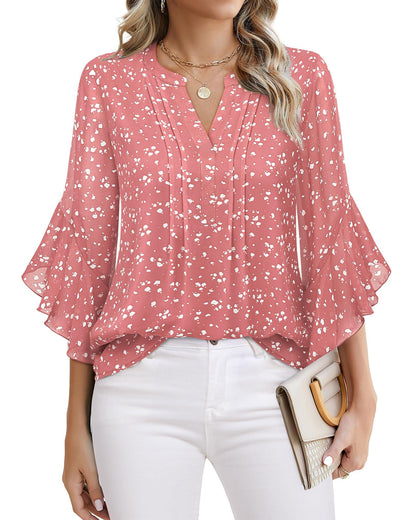 Beautiful Blouses For Ladies - Women's 3/4 Sleeve Chiffon Blouse Dressy Business Casual Work Shirt Spotted Pink