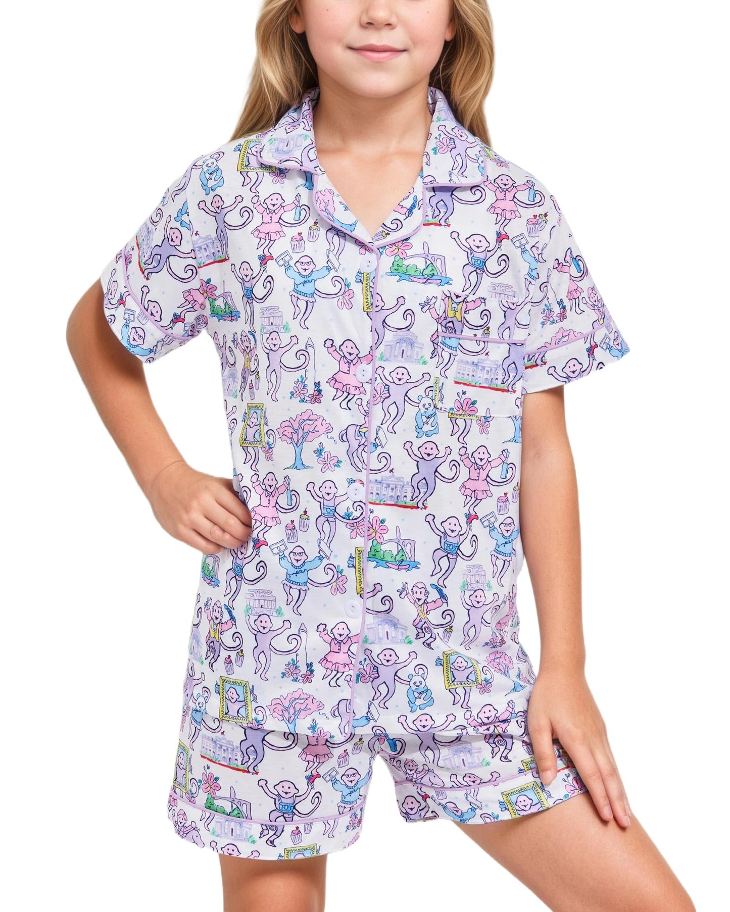Roller Rabbit Pajamas Kids - Girls Summer 2 Piece Set - Button Down Top and Shorts Georgetown
