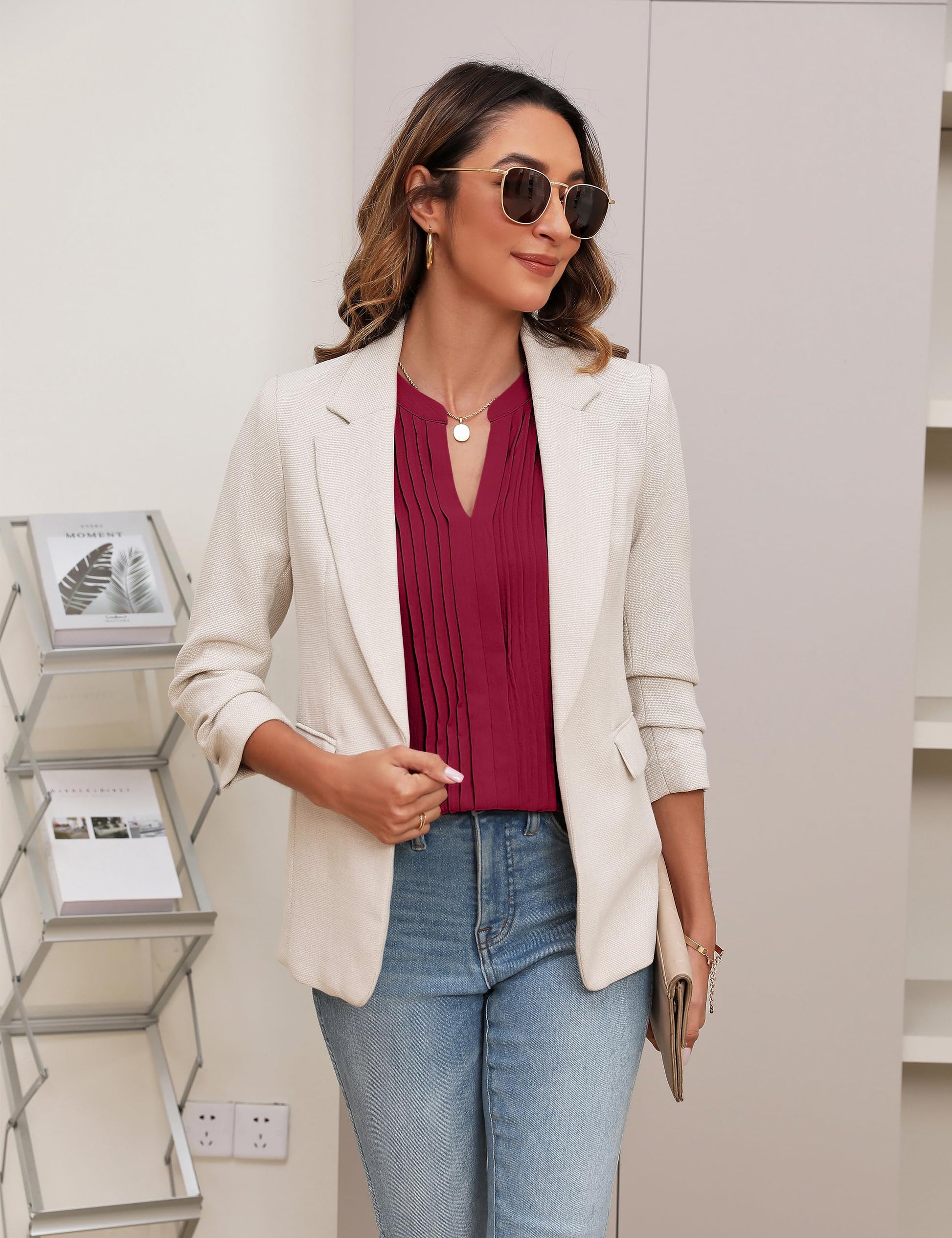 Beautiful Blouses For Ladies - Women's V-Neck Blouse with Pintuck Detail Short Petal Sleeve Business Top