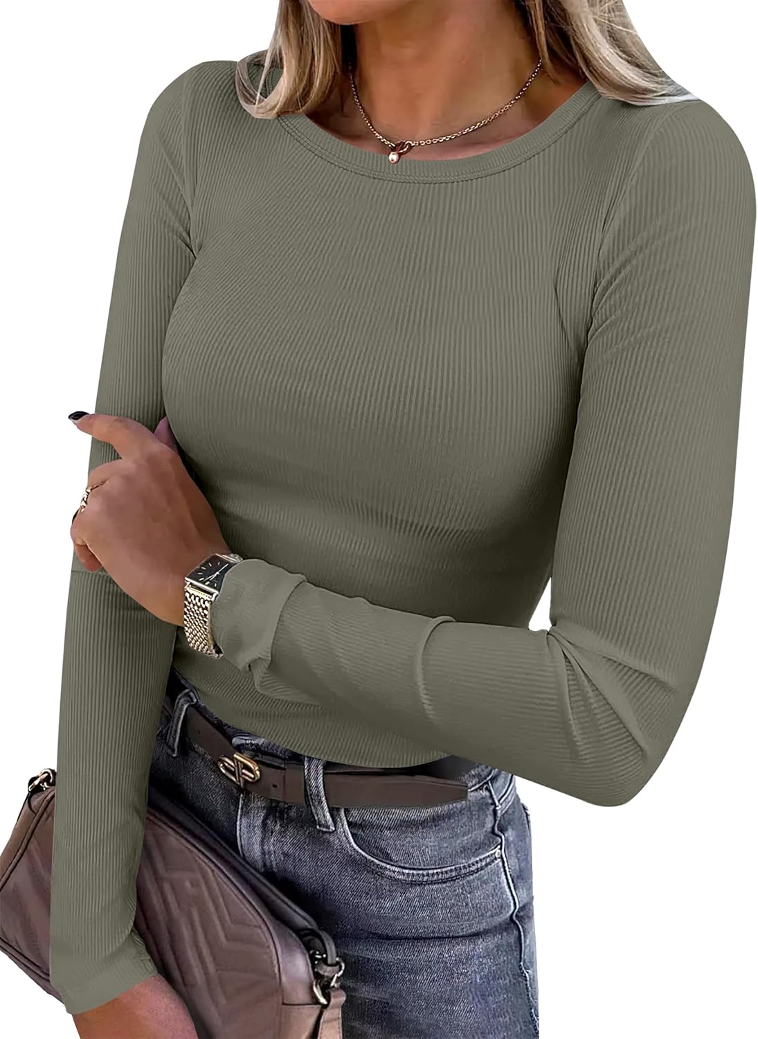 Women's Long Sleeve Rib Knit Shirt Slim Fit Crew Neck Basic Tee