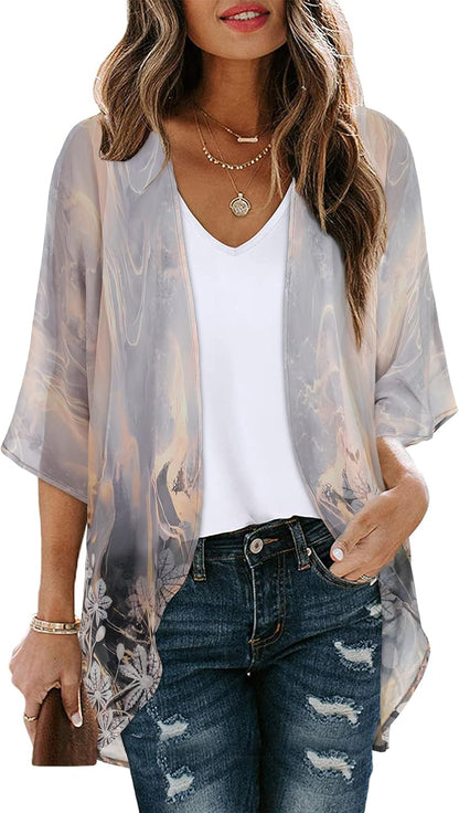 Floral Print Kimono Cardigan Women Puff Sleeve Cover Up Casual Blouse Loose Top
