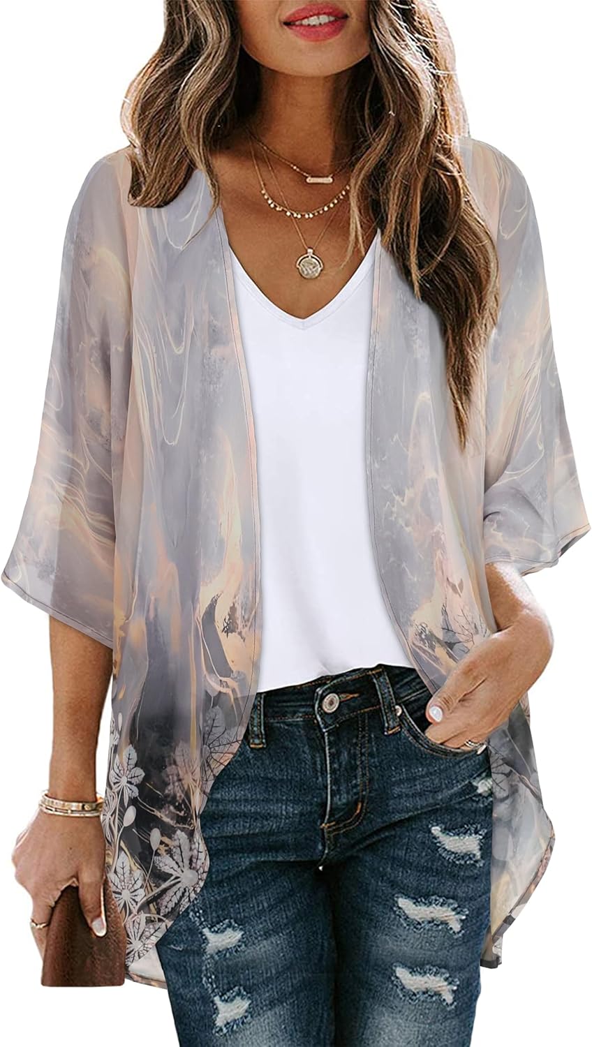 Floral Print Kimono Cardigan Women Puff Sleeve Cover Up Casual Blouse Loose Top