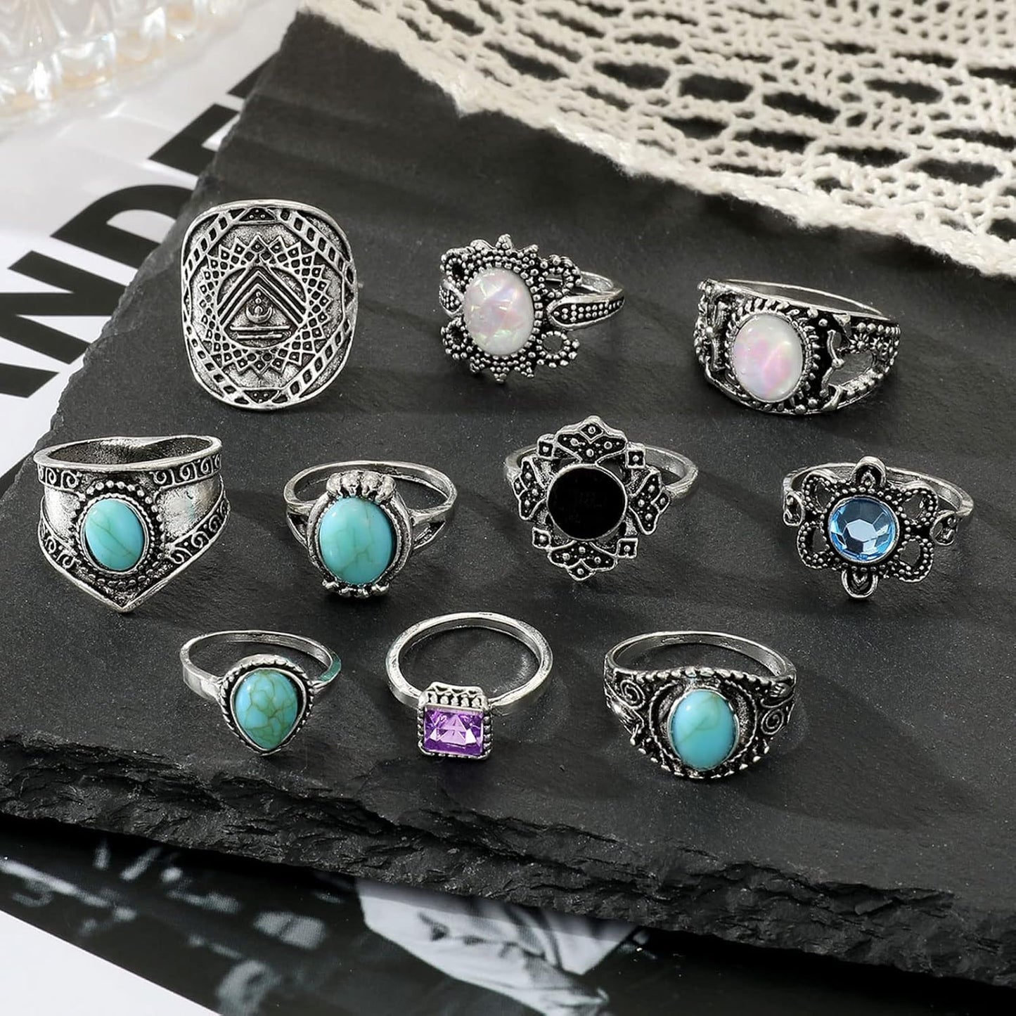 Vintage Silver Knuckle Rings Set 42 Pieces Adjustable Gothic Stackable Rings