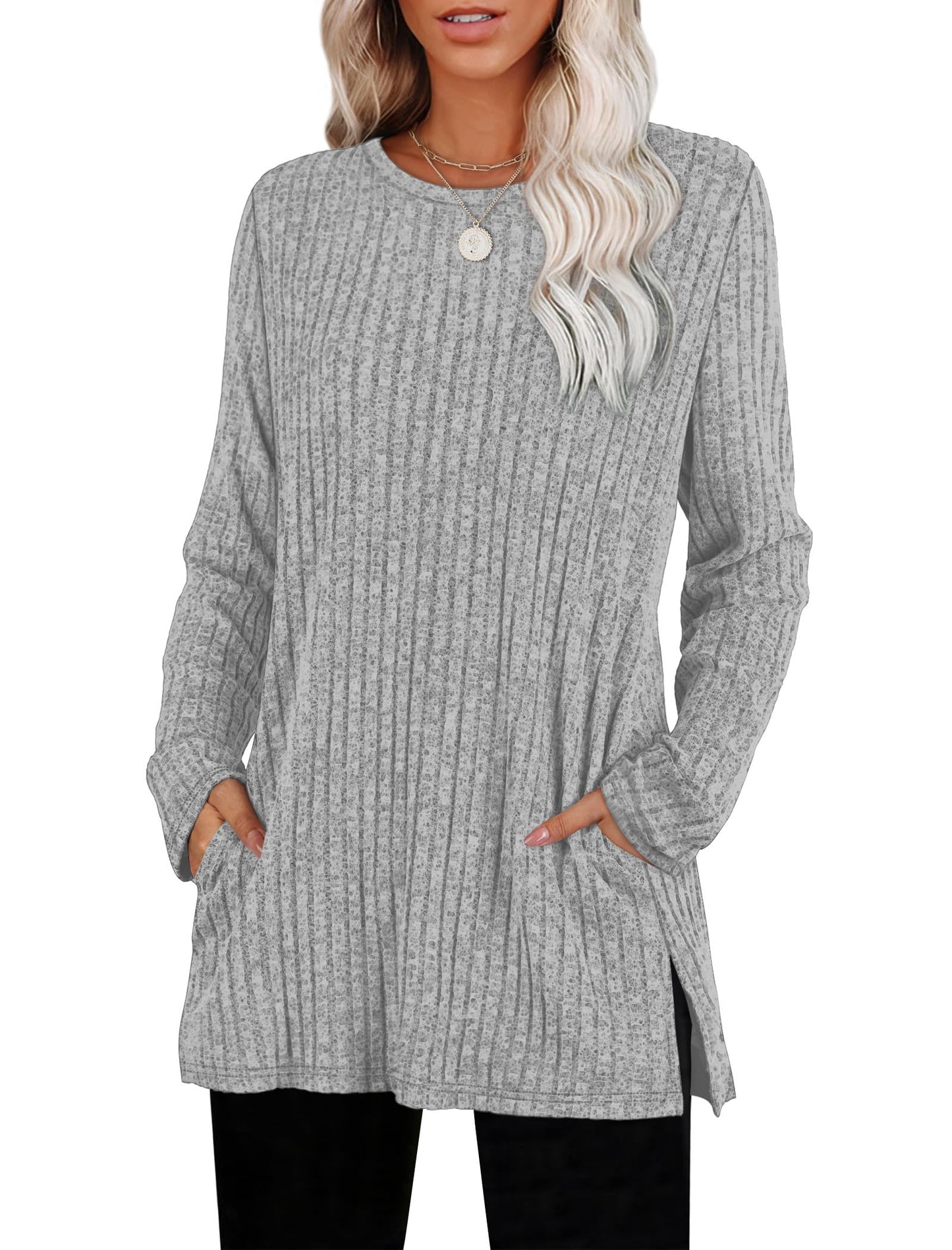 Women's Crewneck Sweater with Pockets - Long Sleeve Tunic Top with Side Slits Light Grey