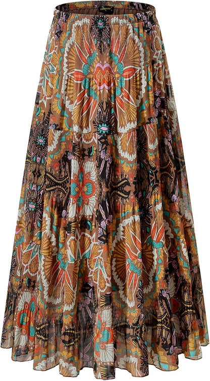 Chiffon Maxi Skirt for Women - High Waist Pleated A-Line Flared Long Skirt