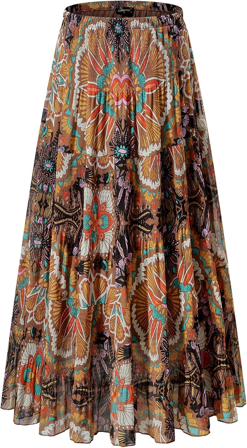 Chiffon Maxi Skirt for Women - High Waist Pleated A-Line Flared Long Skirt