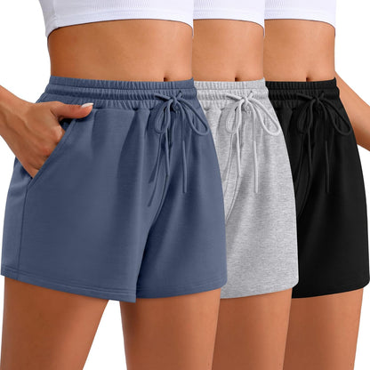 Women Sweat Shorts 3-Pack - High Waist Athletic Lounge Shorts with Pockets Black, Light Gray, Haze Blue