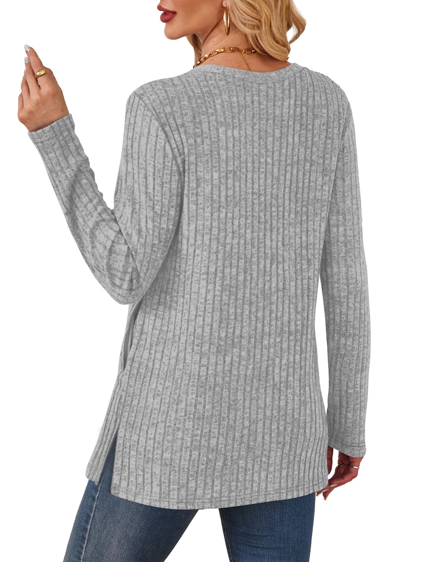 Women's Crewneck Sweater with Pockets - Long Sleeve Tunic Top with Side Slits