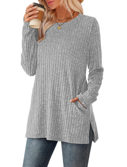 Women's Crewneck Sweater with Pockets - Long Sleeve Tunic Top with Side Slits