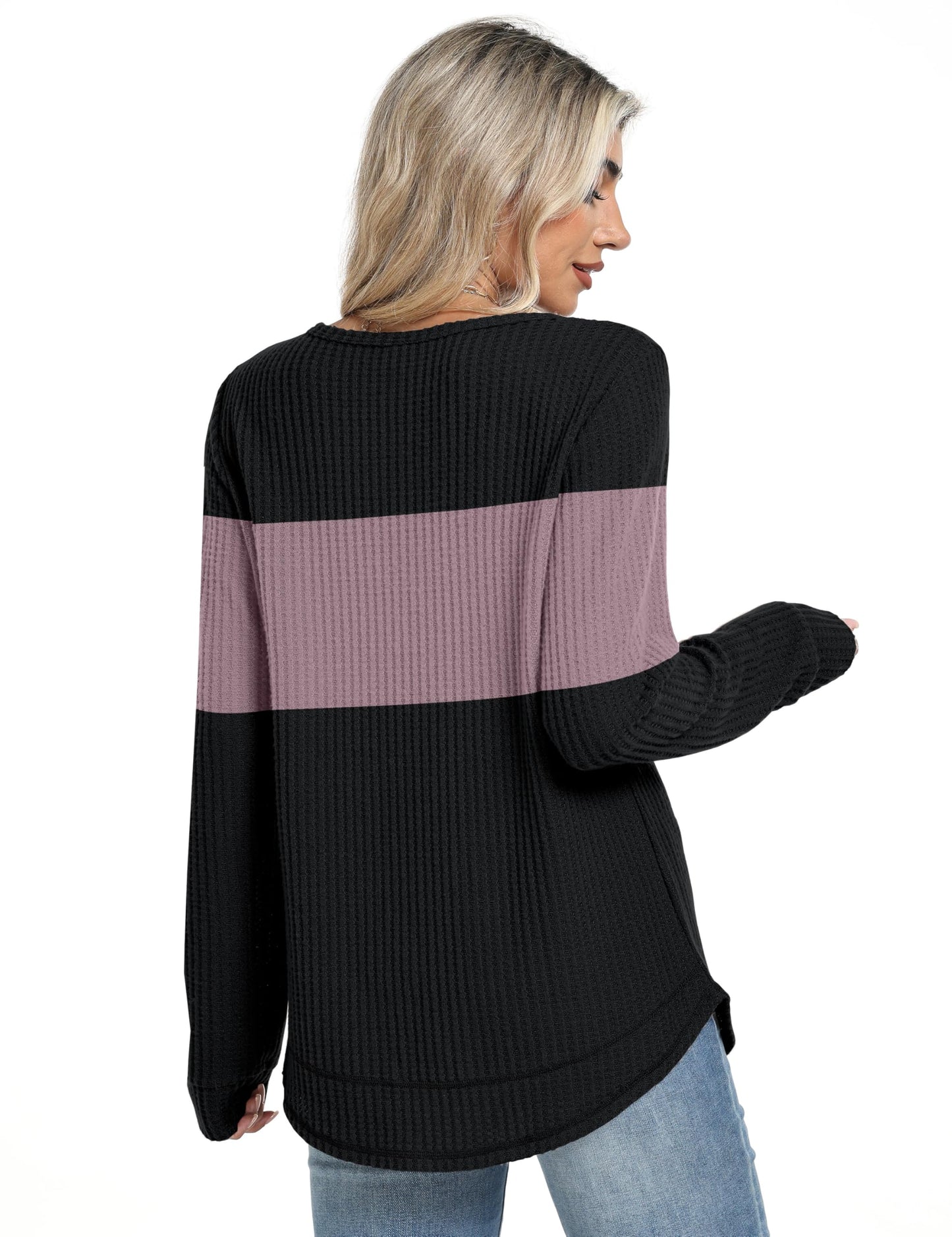 Women's Tunic Tops - Loose Fit Waffle Knit Long Sleeve Crewneck Sweaters