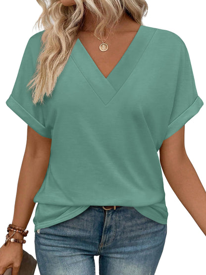 Womens Summer Tops V Neck Short Sleeve Shirts Casual Dolman Sleeve Fashion Blouse