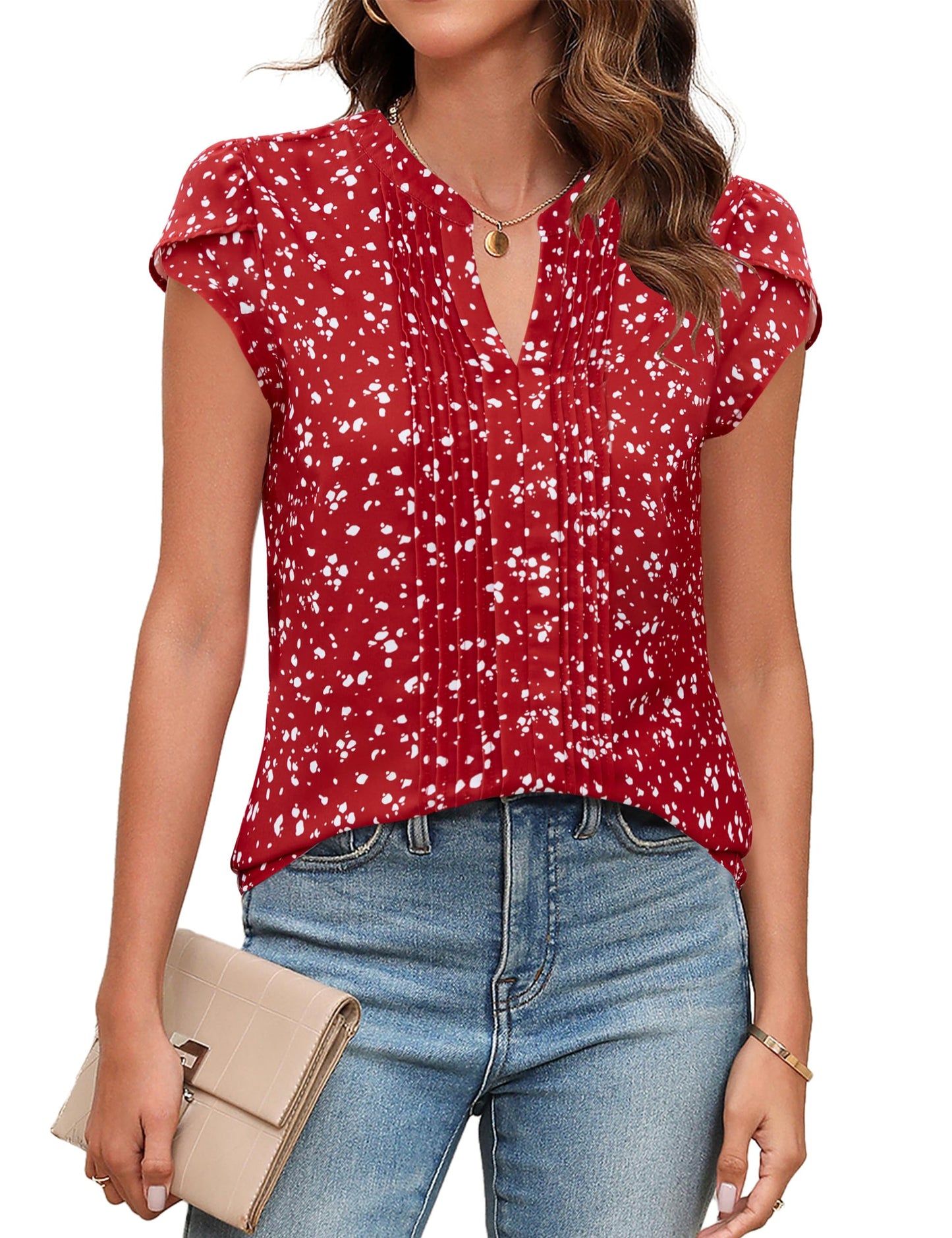 Beautiful Blouses For Ladies - Women's V-Neck Blouse with Pintuck Detail Short Petal Sleeve Business Top