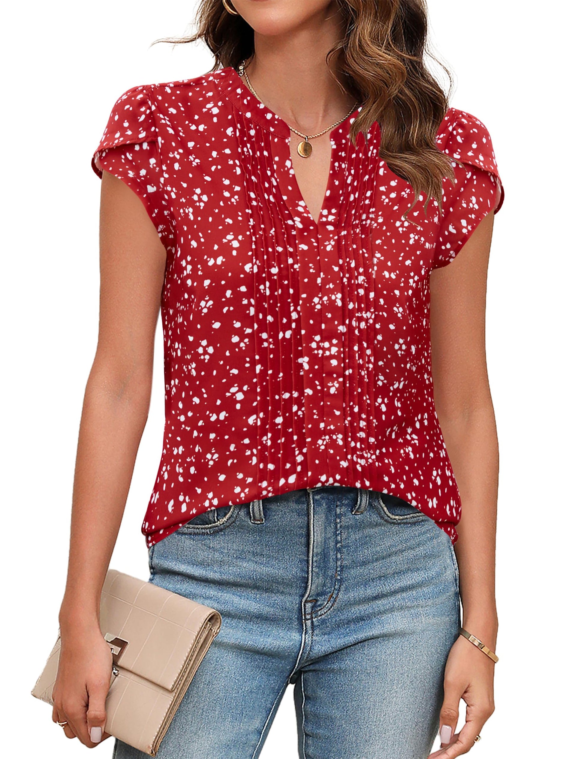 Beautiful Blouses For Ladies - Women's V-Neck Blouse with Pintuck Detail Short Petal Sleeve Business Top