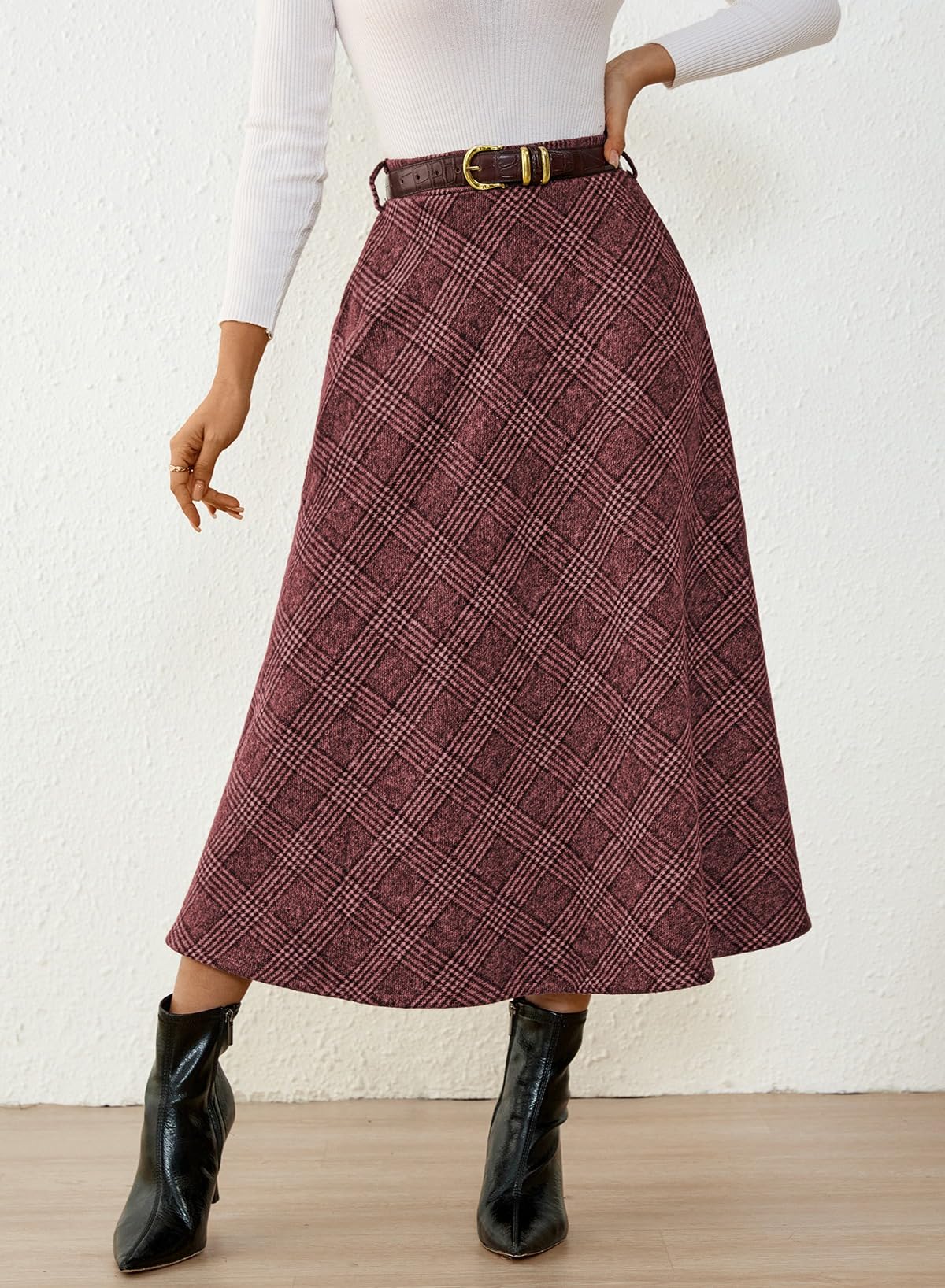Women's Plaid Skirts - High Waist A-Line Midi Tartan Skirt with Pockets