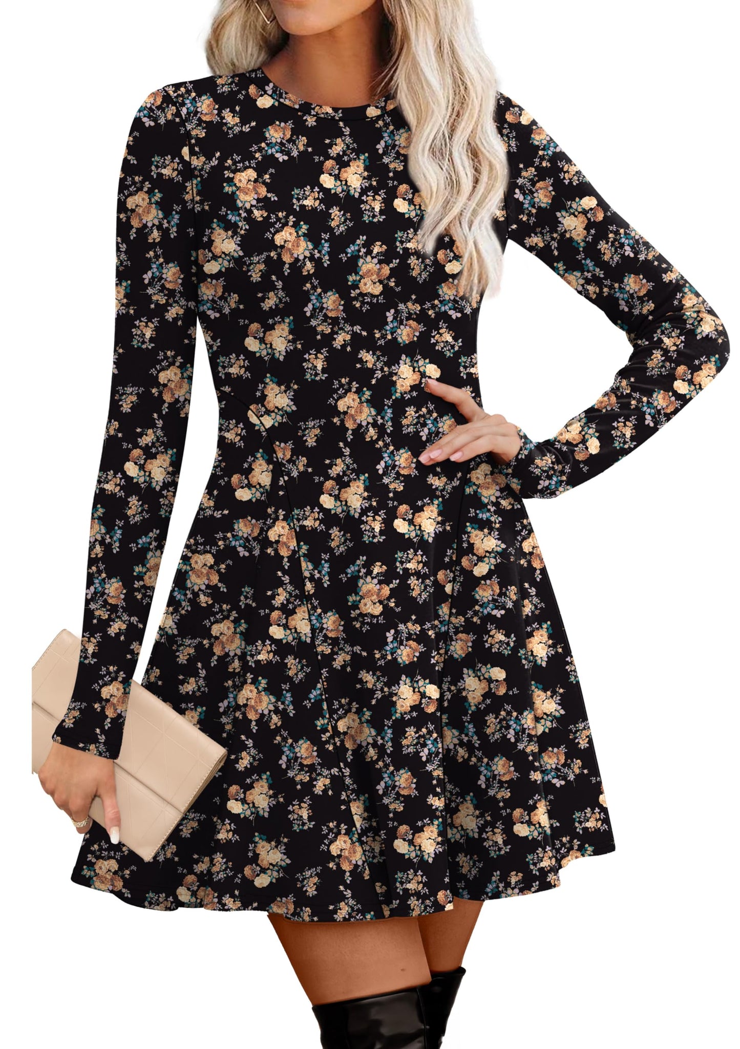 Women's Sweater Dress - Long Sleeve Ribbed Knit Fit and Flare A-Line Dress Print 1