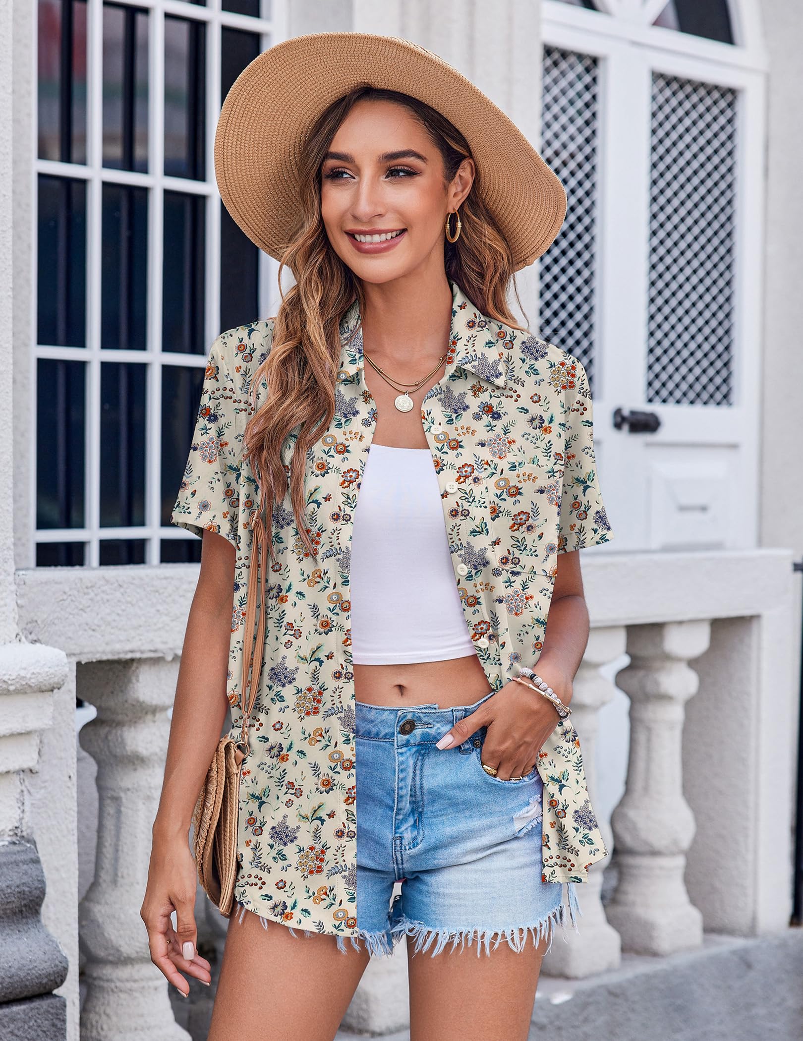 Polyester Blouse - Women's Button Down Shirt Short Sleeve Business Casual Blouse with Chest Pocket