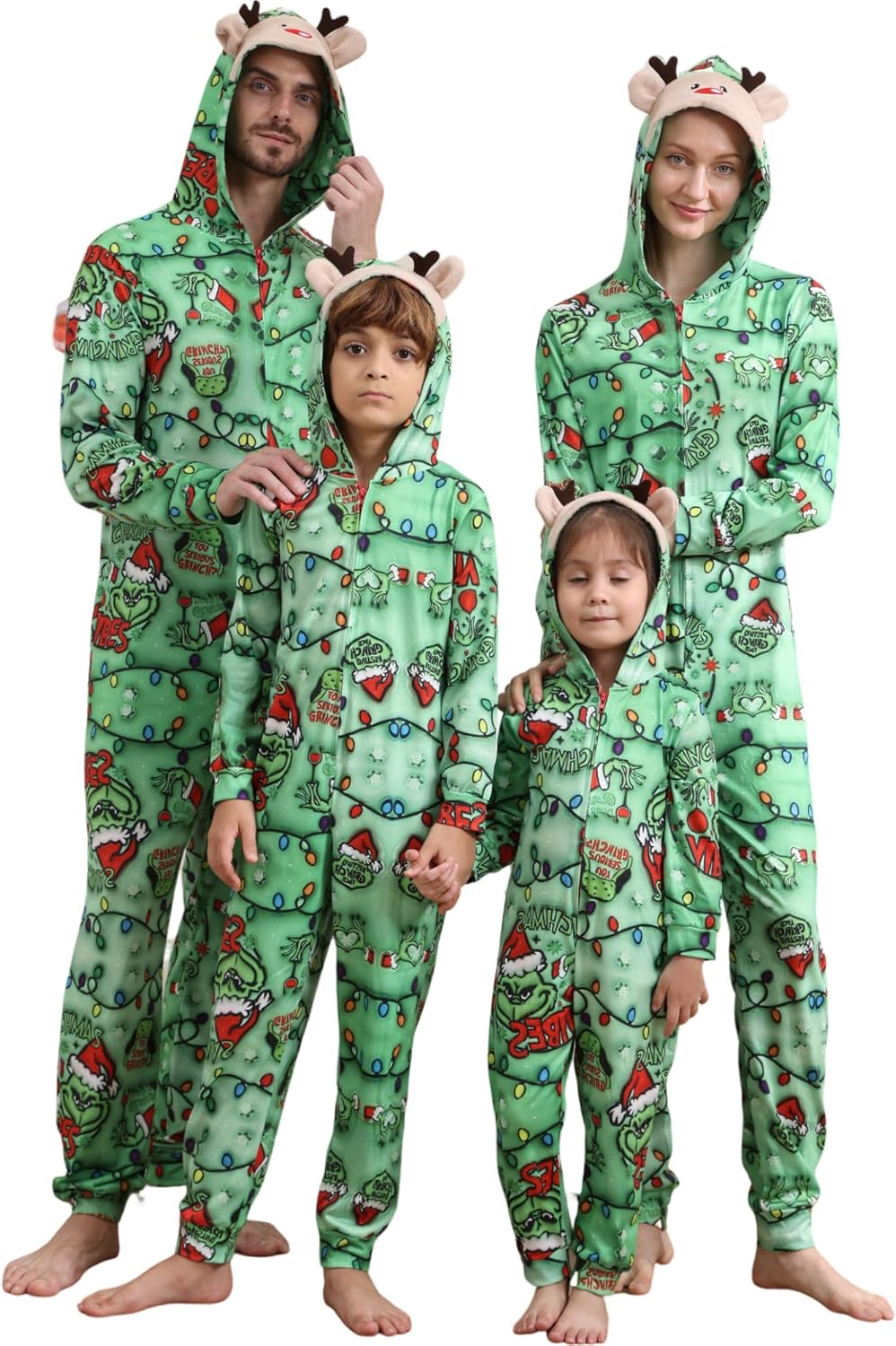 Matching Christmas Onesies for Family - Zip Up One-Piece Holiday Pajamas Grincmas Lights