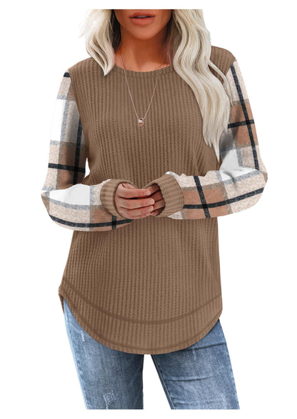 Women's Tunic Tops - Loose Fit Waffle Knit Long Sleeve Crewneck Sweaters