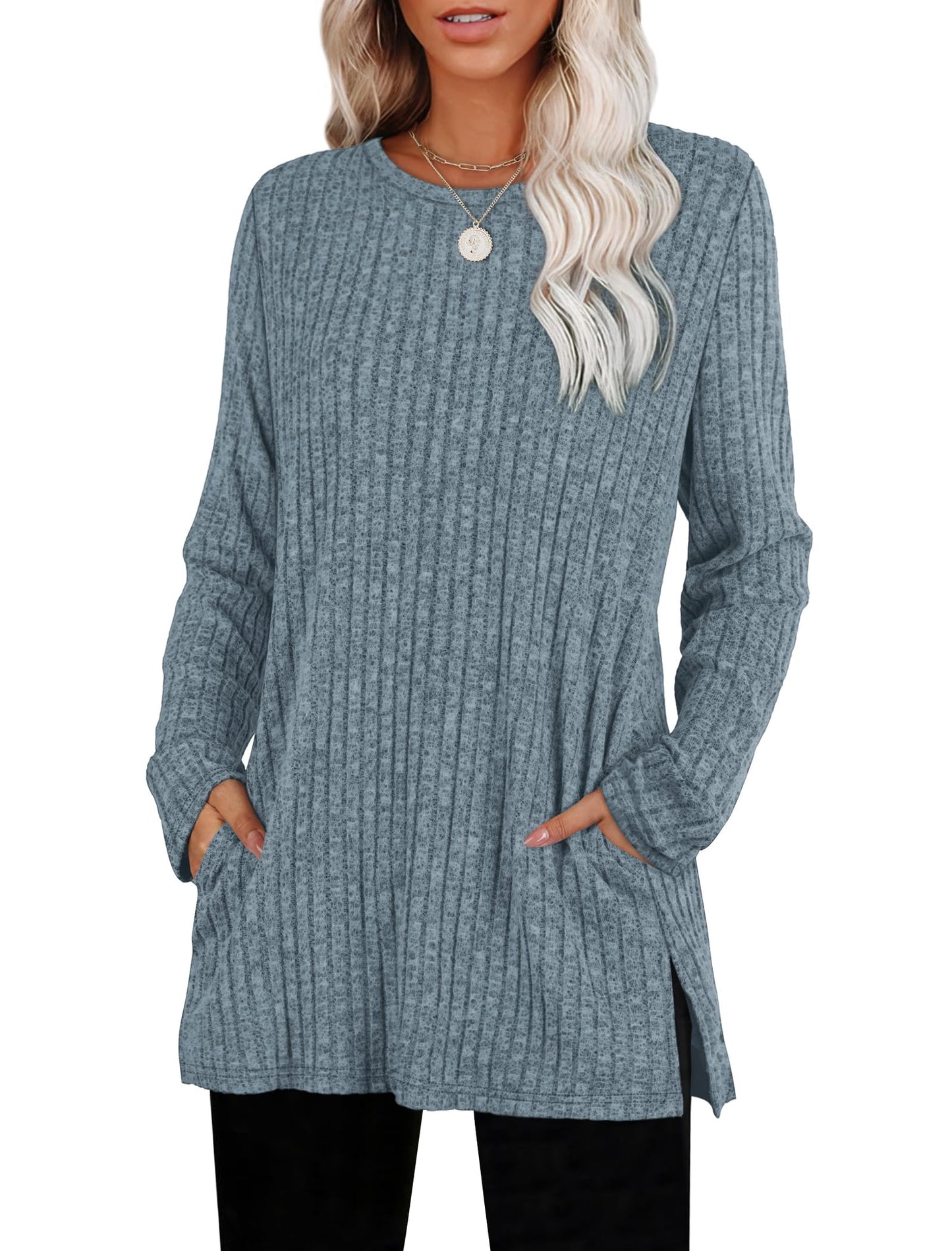 Women's Crewneck Sweater with Pockets - Long Sleeve Tunic Top with Side Slits Earth Blue