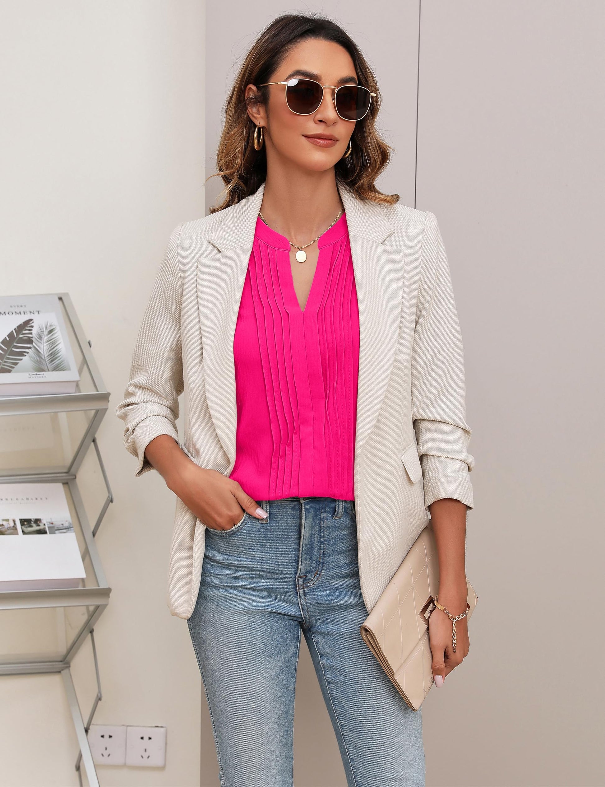 Beautiful Blouses For Ladies - Women's V-Neck Blouse with Pintuck Detail Short Petal Sleeve Business Top