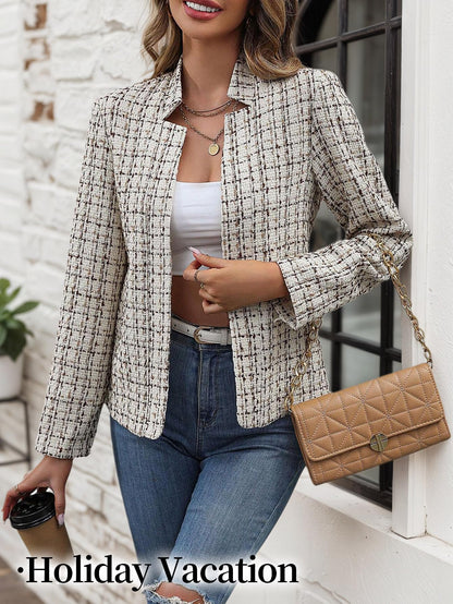 Women's Tweed Blazer Jacket - Open Front Stand Collar Professional Work Coat
