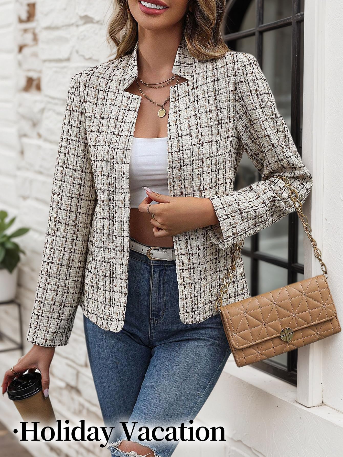 Women's Tweed Blazer Jacket - Open Front Stand Collar Professional Work Coat