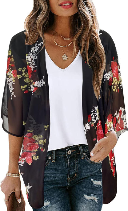 Floral Print Kimono Cardigan Women Puff Sleeve Cover Up Casual Blouse Loose Top
