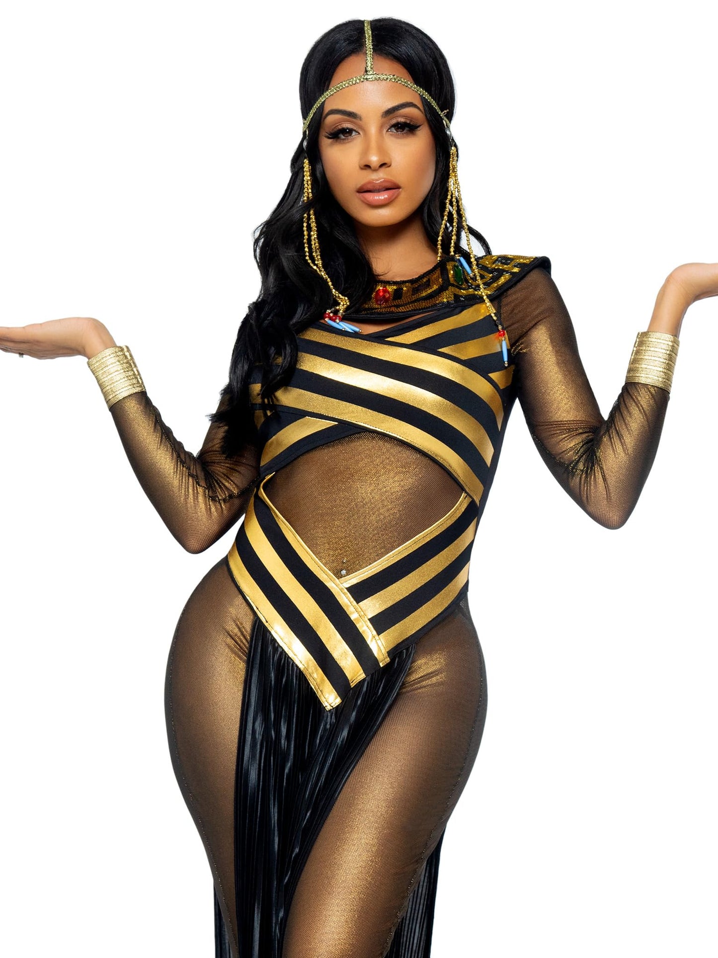 Queen Cleopatra Costume - Women's Egyptian Goddess Outfit with Headpiece Gold Black