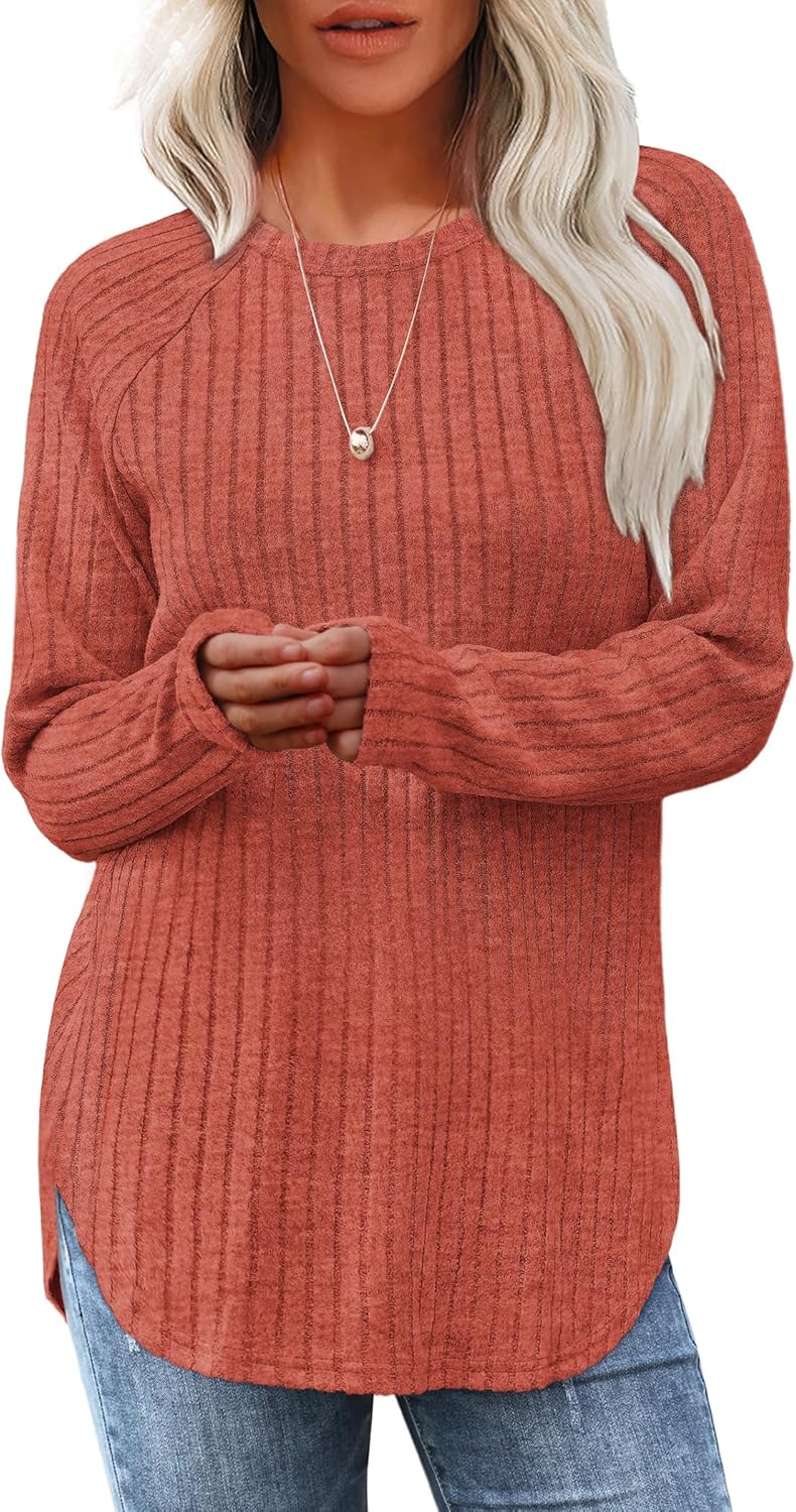 Women's Long Sleeve Tunic Tops - Loose Fit Crewneck Pullover with Curved Hem