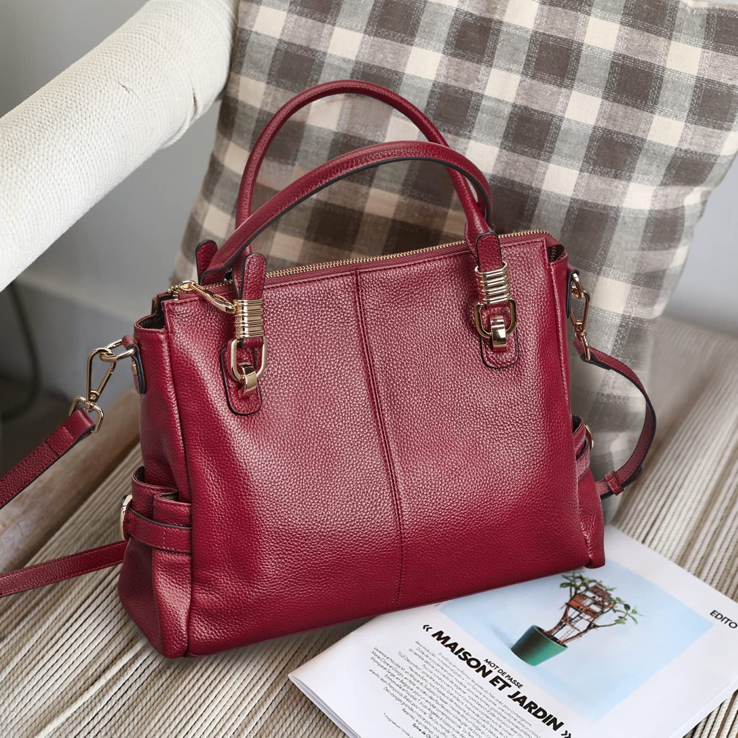 Women Genuine Leather Handbag - Soft Satchel Tote Shoulder Bag with Adjustable Strap