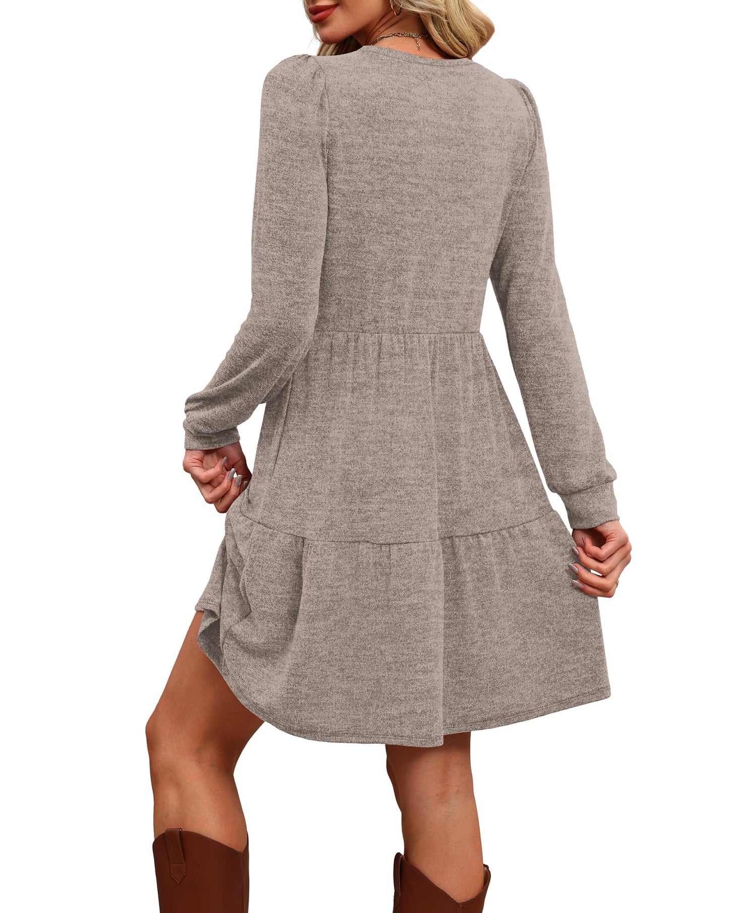 Women's Long Sleeve Fall Dresses with Pockets - Crew Neck Babydoll Casual Dress