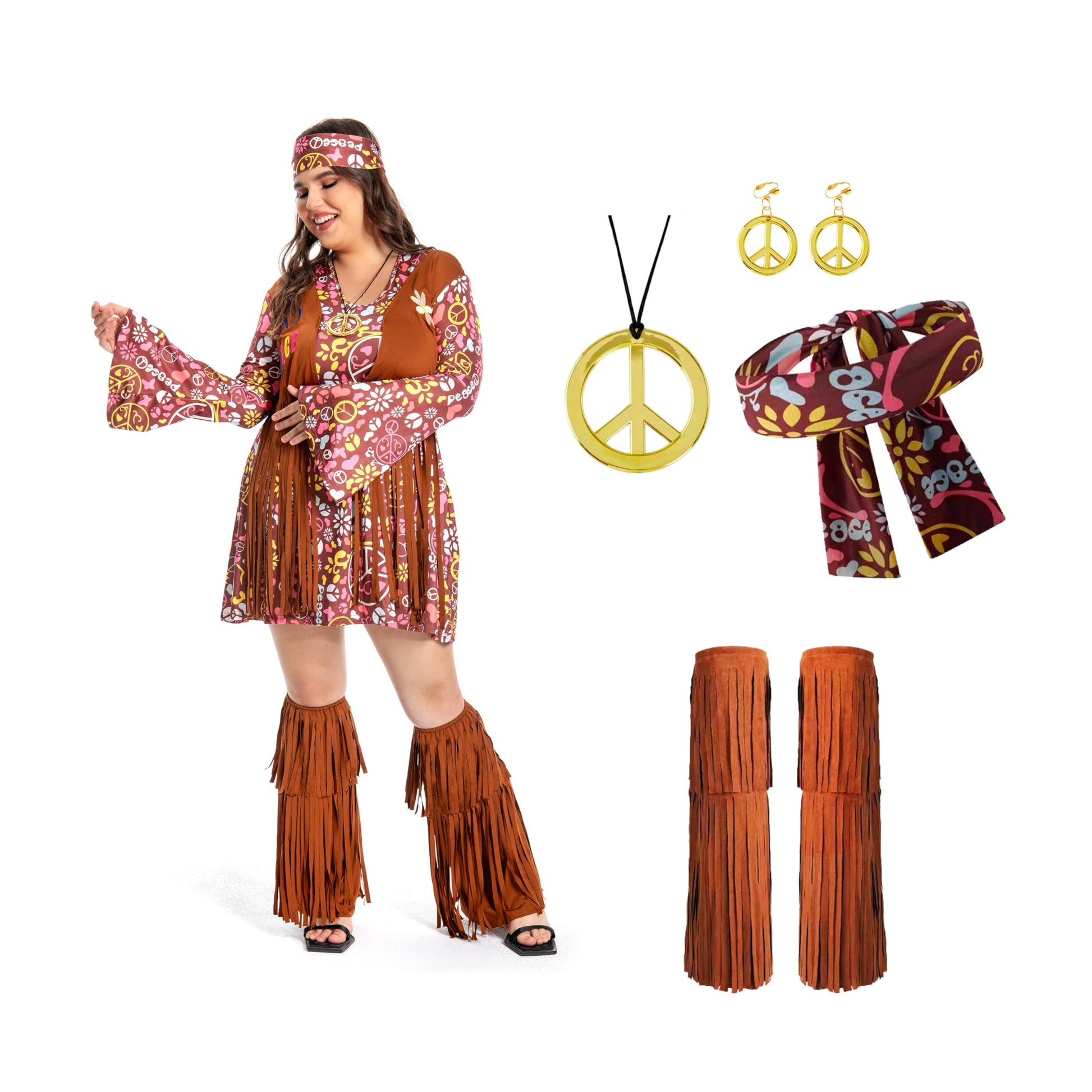 Plus Size Hippie Costume - Women's 70s Floral Dress with Accessories 24-26