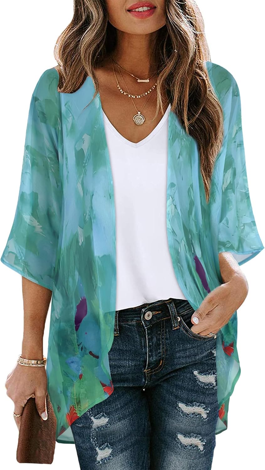 Floral Print Kimono Cardigan Women Puff Sleeve Cover Up Casual Blouse Loose Top Teal Blue Print