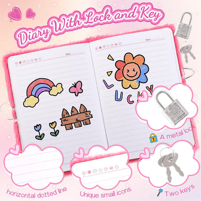 Girls Heart Diary with Lock and Keys - Cute Plush Secret Journal Notebook Gift Ages 6-8