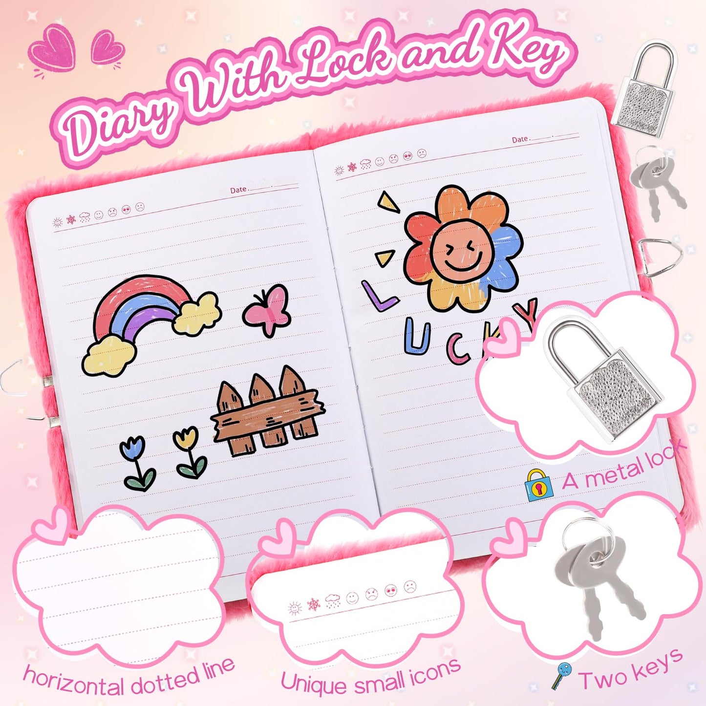 Girls Heart Diary with Lock and Keys - Cute Plush Secret Journal Notebook Gift Ages 6-8