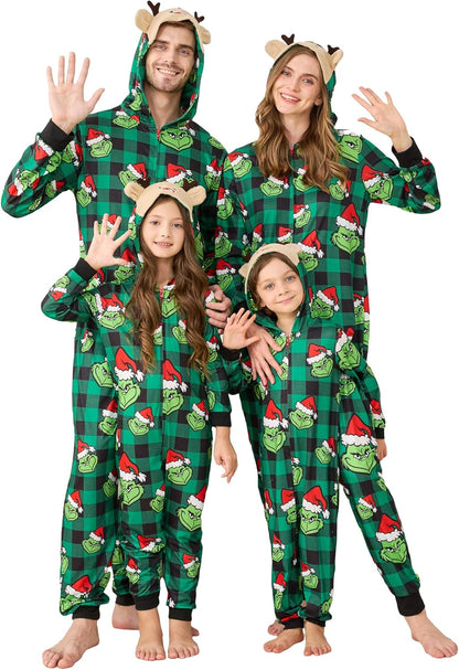 Matching Christmas Onesies for Family - Zip Up One-Piece Holiday Pajamas Green & Black Buffalo Plaid