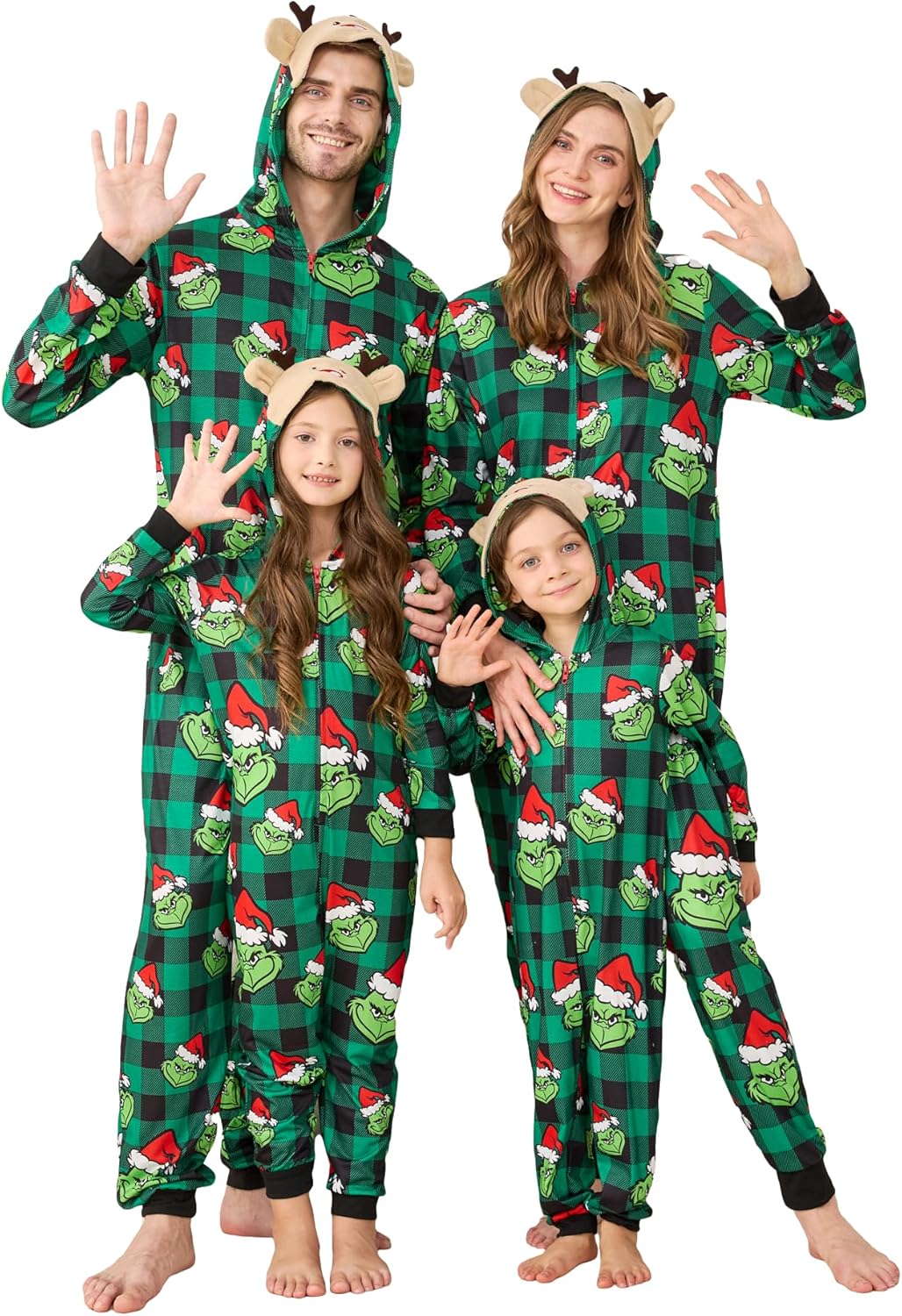 Matching Christmas Onesies for Family - Zip Up One-Piece Holiday Pajamas Green & Black Buffalo Plaid