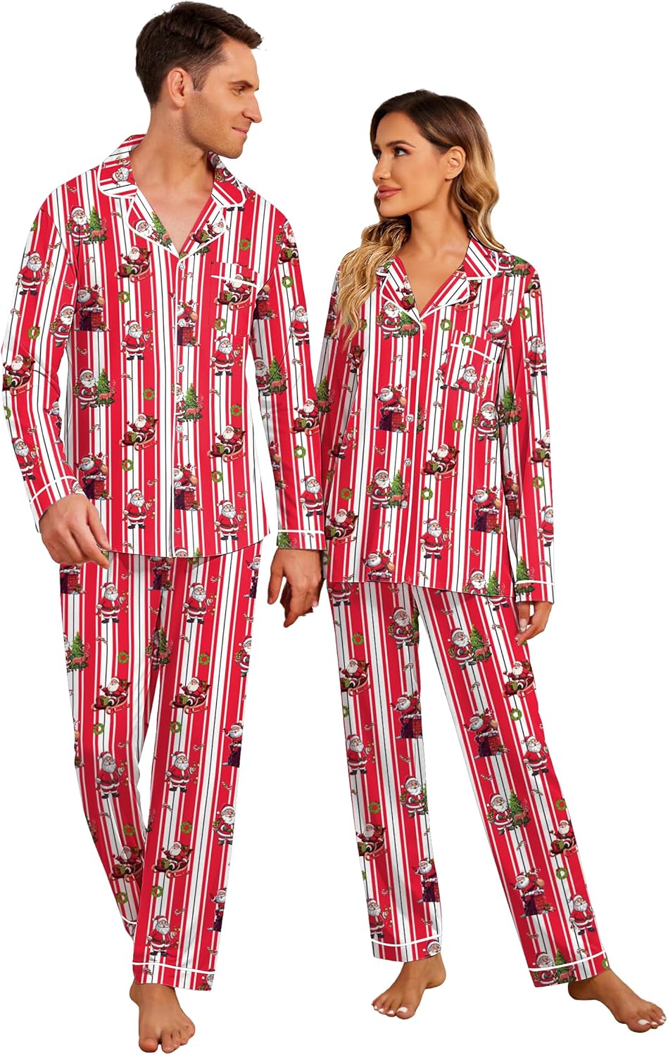 Christmas Family Matching Pajamas - Long Sleeve Button Down PJ Set X-Large Red Striped Santa Claus Men