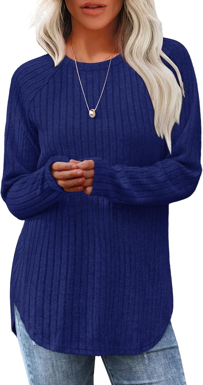 Women's Long Sleeve Tunic Tops - Loose Fit Crewneck Pullover with Curved Hem Navy Blue