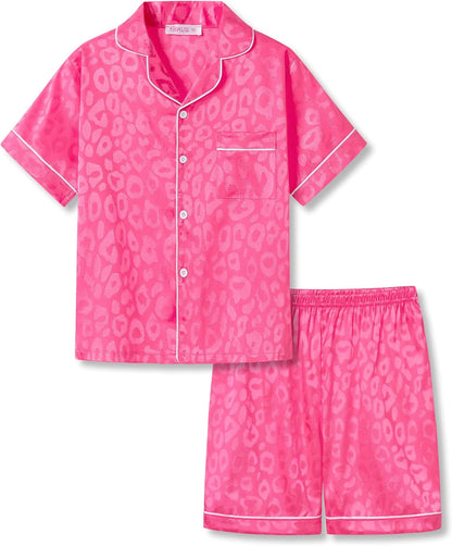 Girls Satin Pajama Set - Silky Button Down PJ with Shorts Size 6-16 Jacquard Neon Pink Leopard(short Sleeve & Shorts)