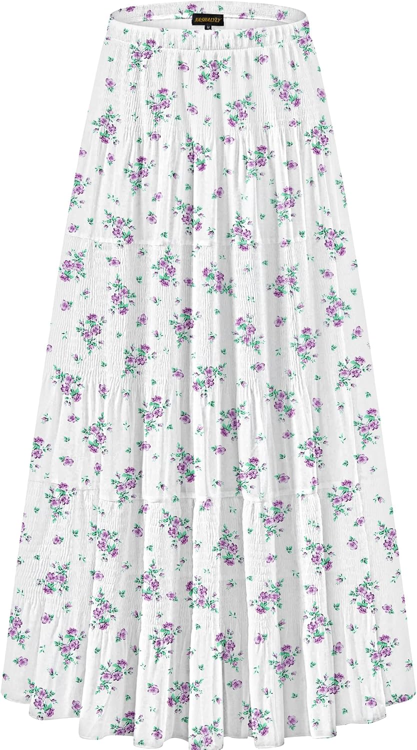 Chiffon Maxi Skirt for Women - High Waist Pleated A-Line Flared Long Skirt Small White Purple Flower
