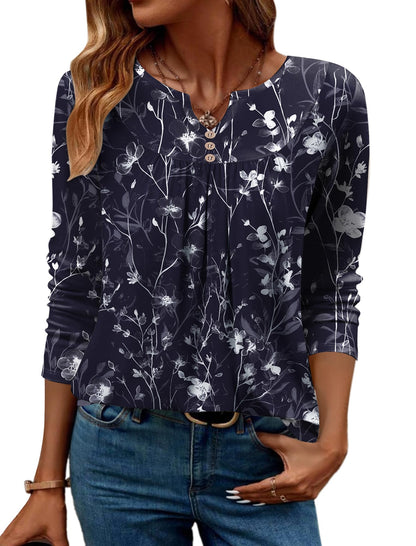 Women Long Sleeve V Neck Blouse - Casual Dressy Work Tunic Top with Pleated Detail 2025 Navy Blue Flowers