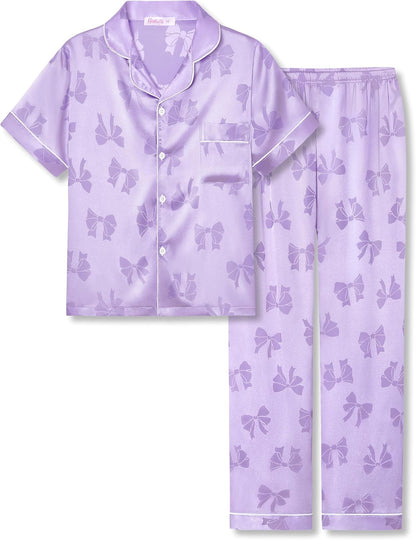 Girls Satin Pajama Set - Silky Button Down PJ with Shorts Size 6-16 Jacquard Light Purple Bow (Short Sleeve & Pants)