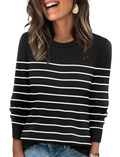 Women's Lightweight Sweaters - Long Sleeve Crewneck Pullover Tops S-black+white Striped