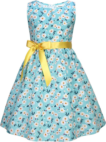Girls Floral Cotton Dress - Sleeveless Summer Dress with Zipper Closure E48