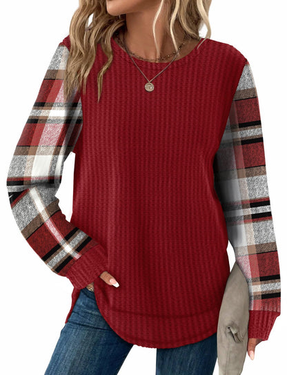 Women's Tunic Tops - Loose Fit Waffle Knit Long Sleeve Crewneck Sweaters Z-d-red Checkered