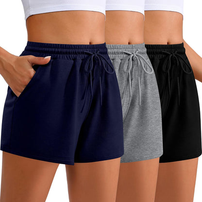 Women Sweat Shorts 3-Pack - High Waist Athletic Lounge Shorts with Pockets Black, Gray, Navy Blue