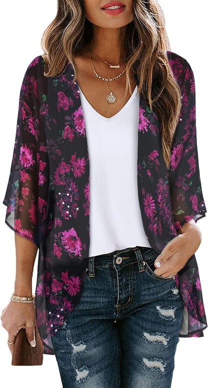 Floral Print Kimono Cardigan Women Puff Sleeve Cover Up Casual Blouse Loose Top