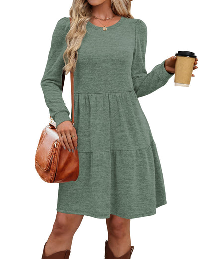 Women's Long Sleeve Fall Dresses with Pockets - Crew Neck Babydoll Casual Dress